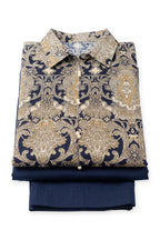 Navy Damask Pearl Suit folded to show the collar and button placket, with the navy trousers