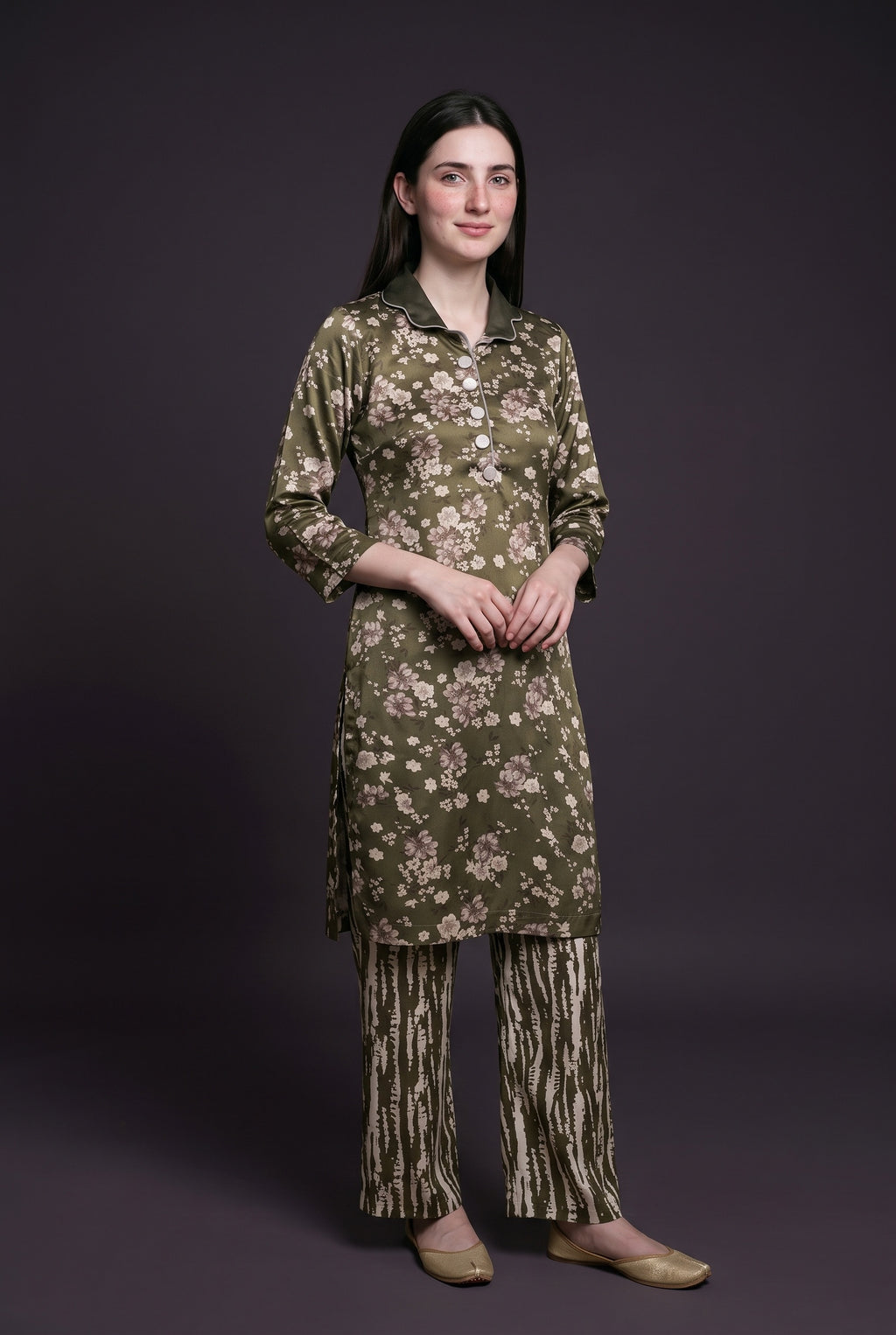 Model wearing the Olive Blossom Suit, showing the scalloped collar and button placket