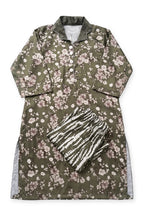 Olive Blossom Suit laid flat on white with its folded zebra-stripe trousers