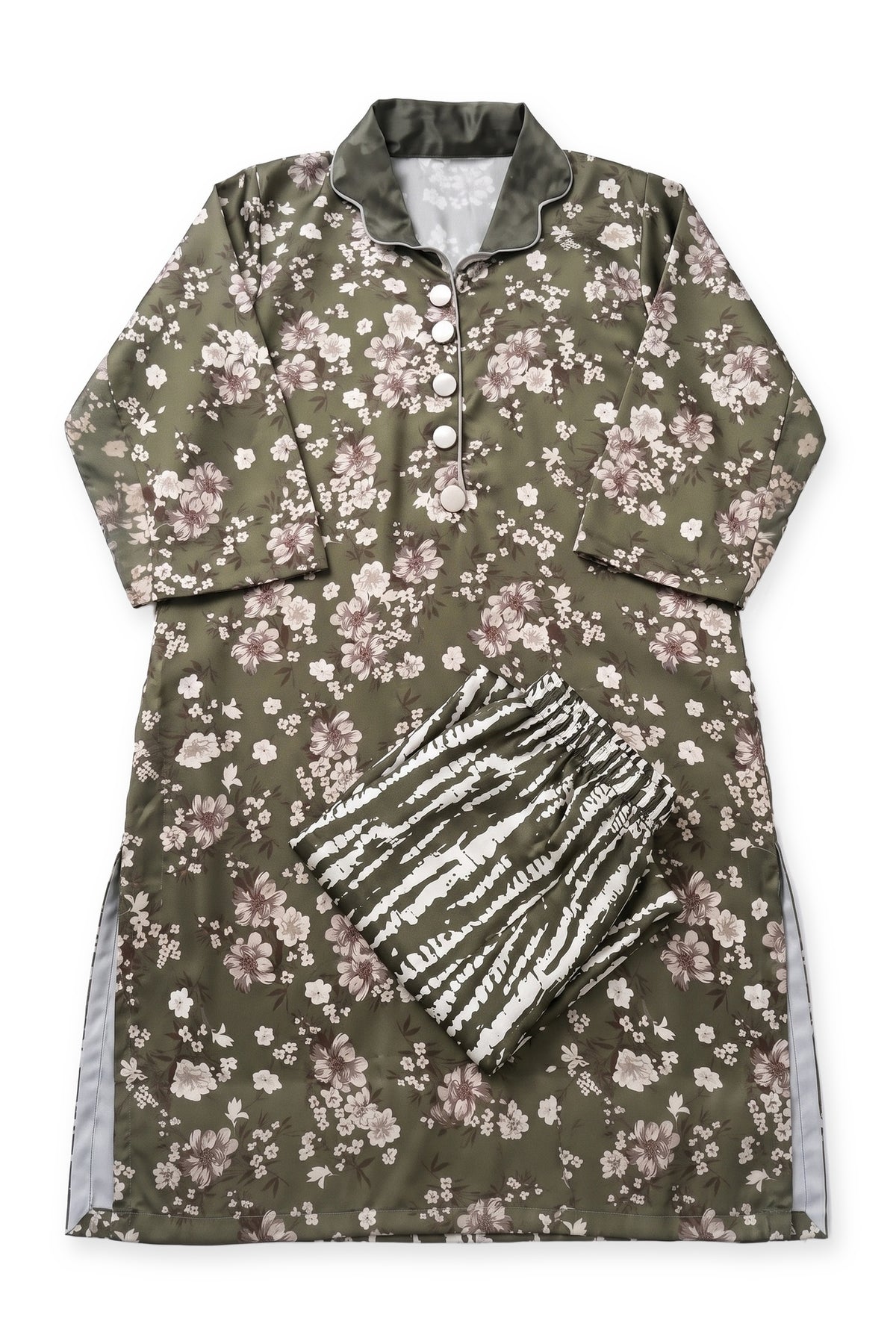Olive Blossom Suit laid flat on white with its folded zebra-stripe trousers