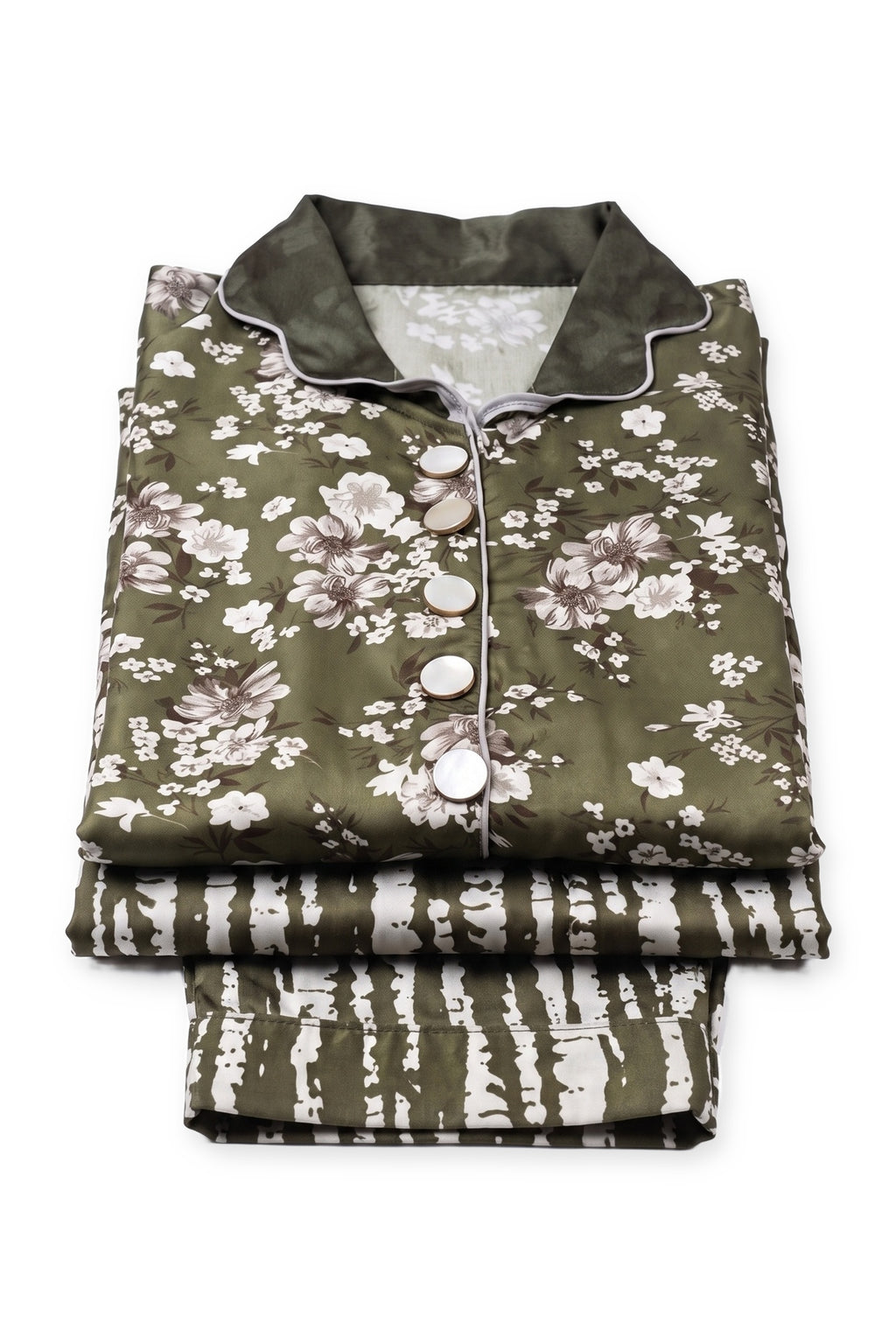 Olive Blossom Suit folded to show the scalloped collar and buttons, with the zebra-stripe trousers