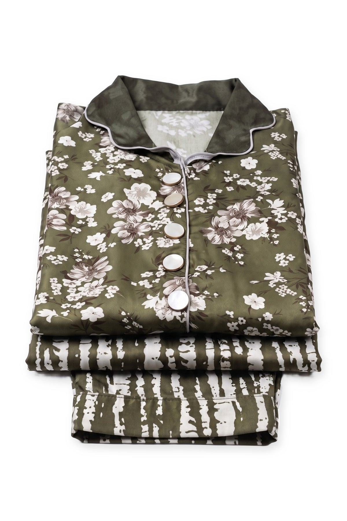 Olive Blossom Suit folded to show the scalloped collar and buttons, with the zebra-stripe trousers