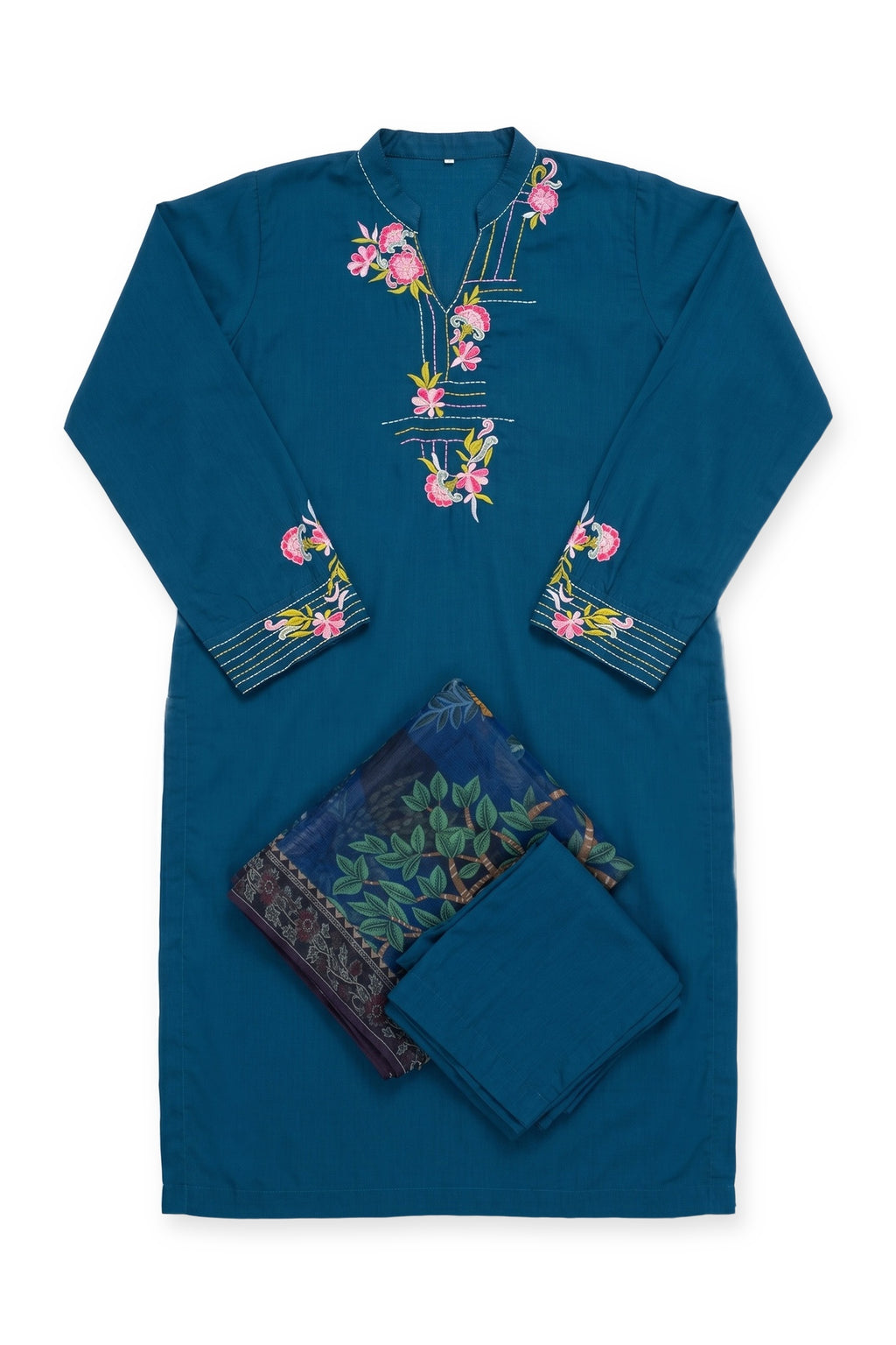 Peacock Carnation Suit laid flat on white with its folded trousers and dupatta