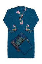 Peacock Carnation Suit laid flat on white with its folded trousers and dupatta