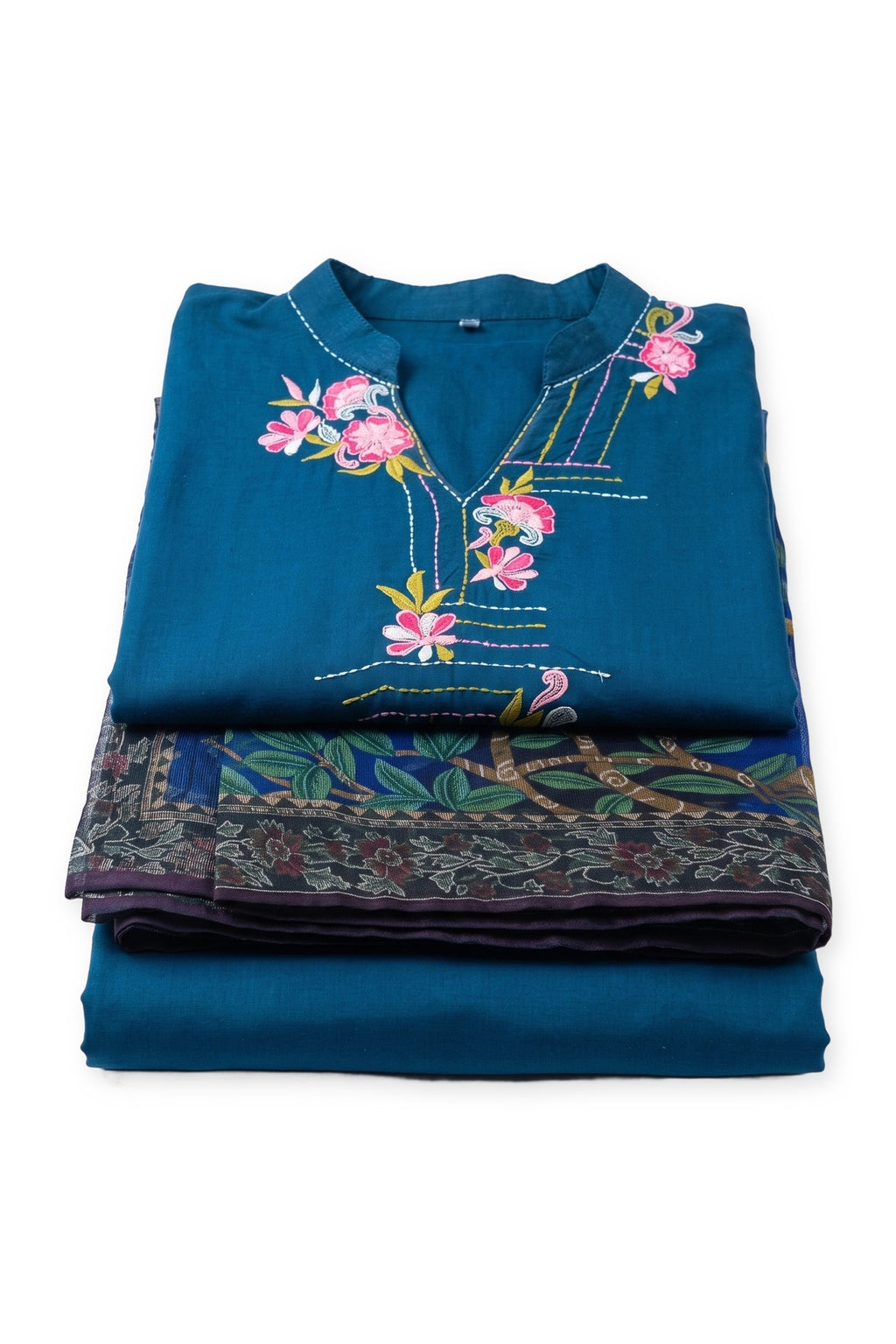 Peacock Carnation Suit folded to show the embroidered collar, with the tree-print dupatta and trousers