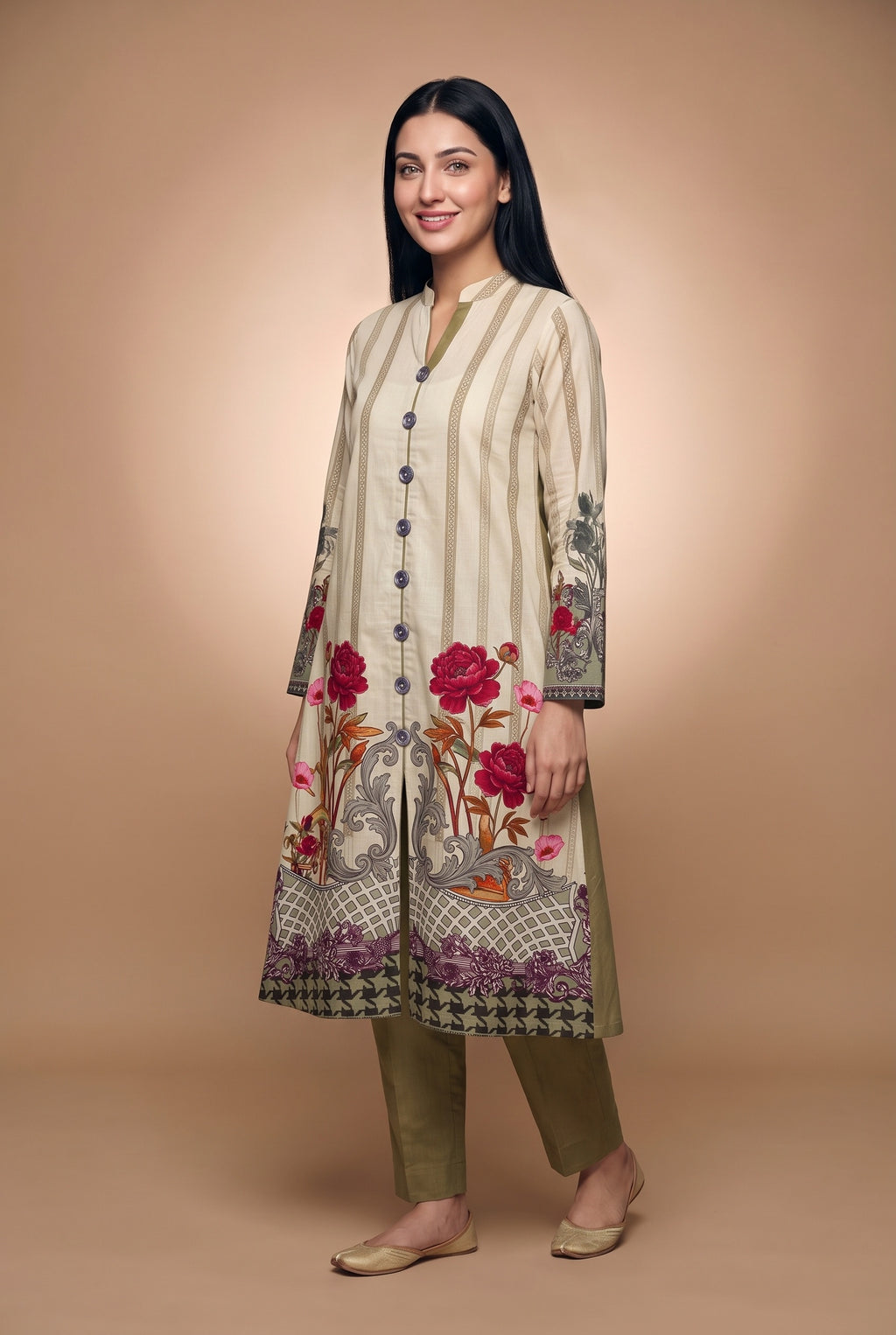 Model wearing the Peony Baroque Suit in ecru with olive trousers, full-length front view