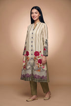Model wearing the Peony Baroque Suit in ecru with olive trousers, full-length front view
