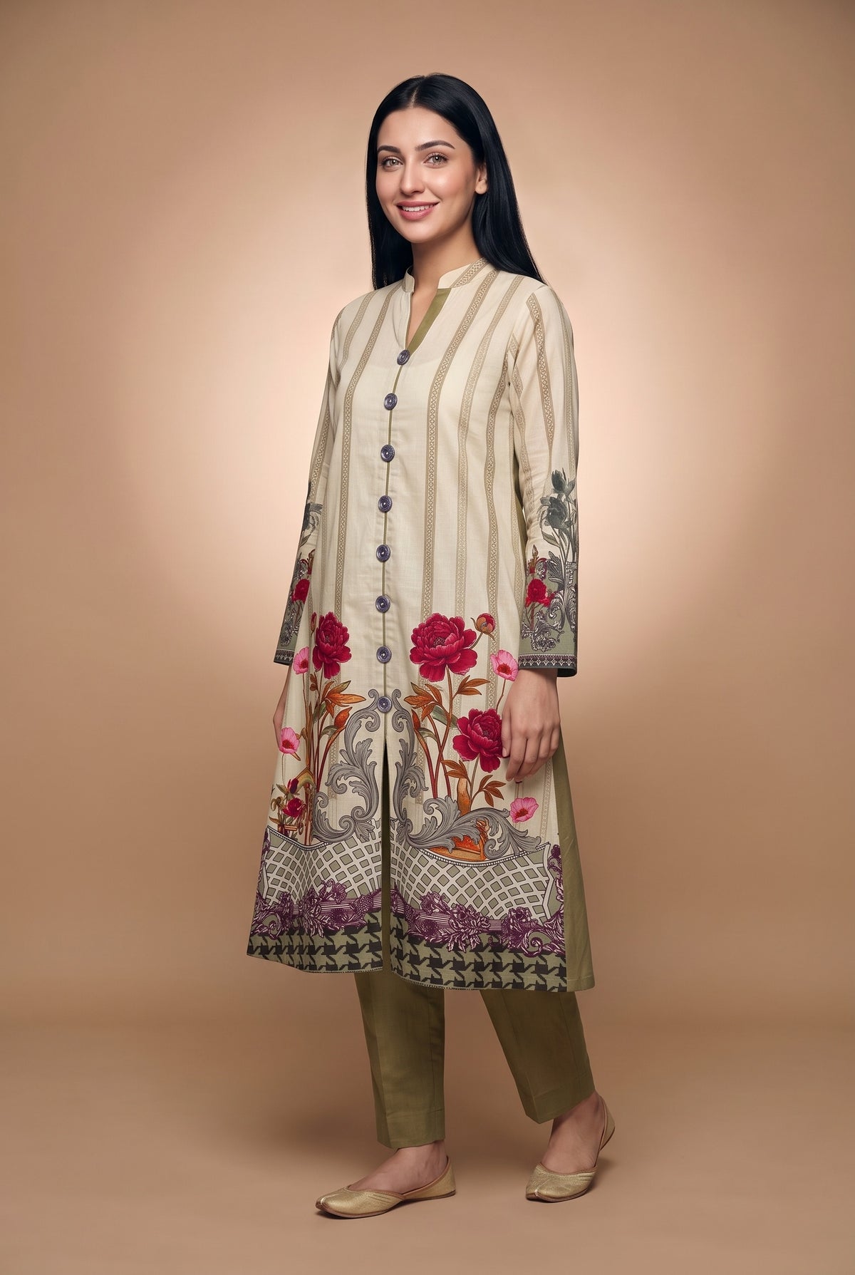 Model wearing the Peony Baroque Suit in ecru with olive trousers, full-length front view