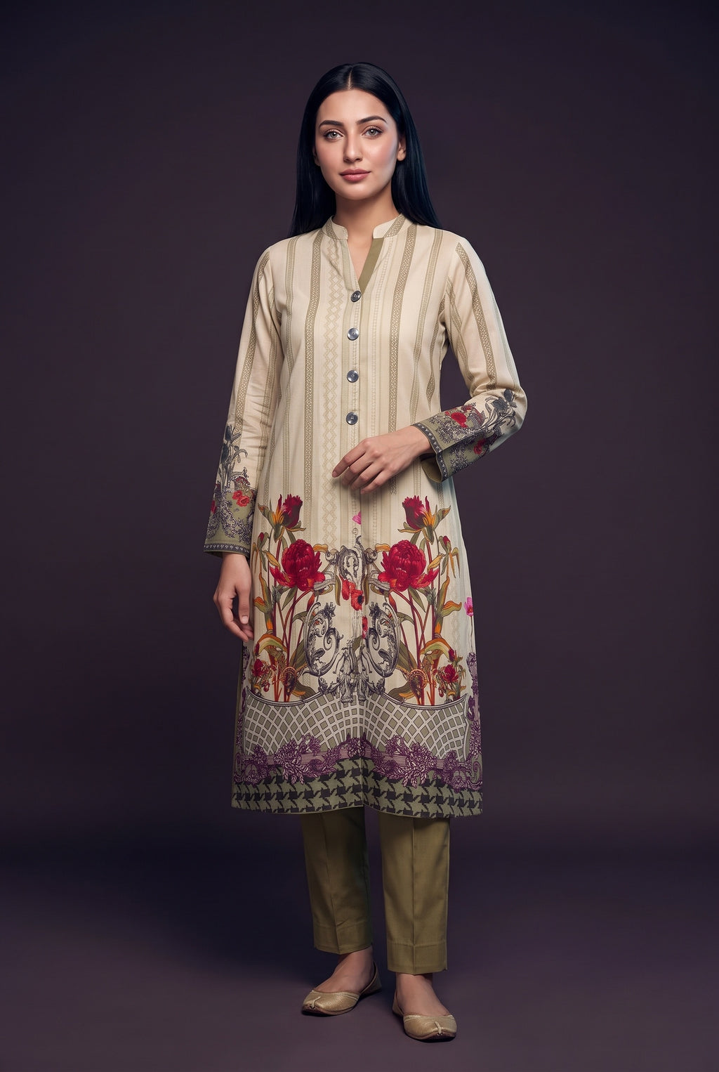 Model wearing the Peony Baroque Suit, showing the button placket and peony print border