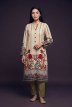 Model wearing the Peony Baroque Suit, showing the button placket and peony print border