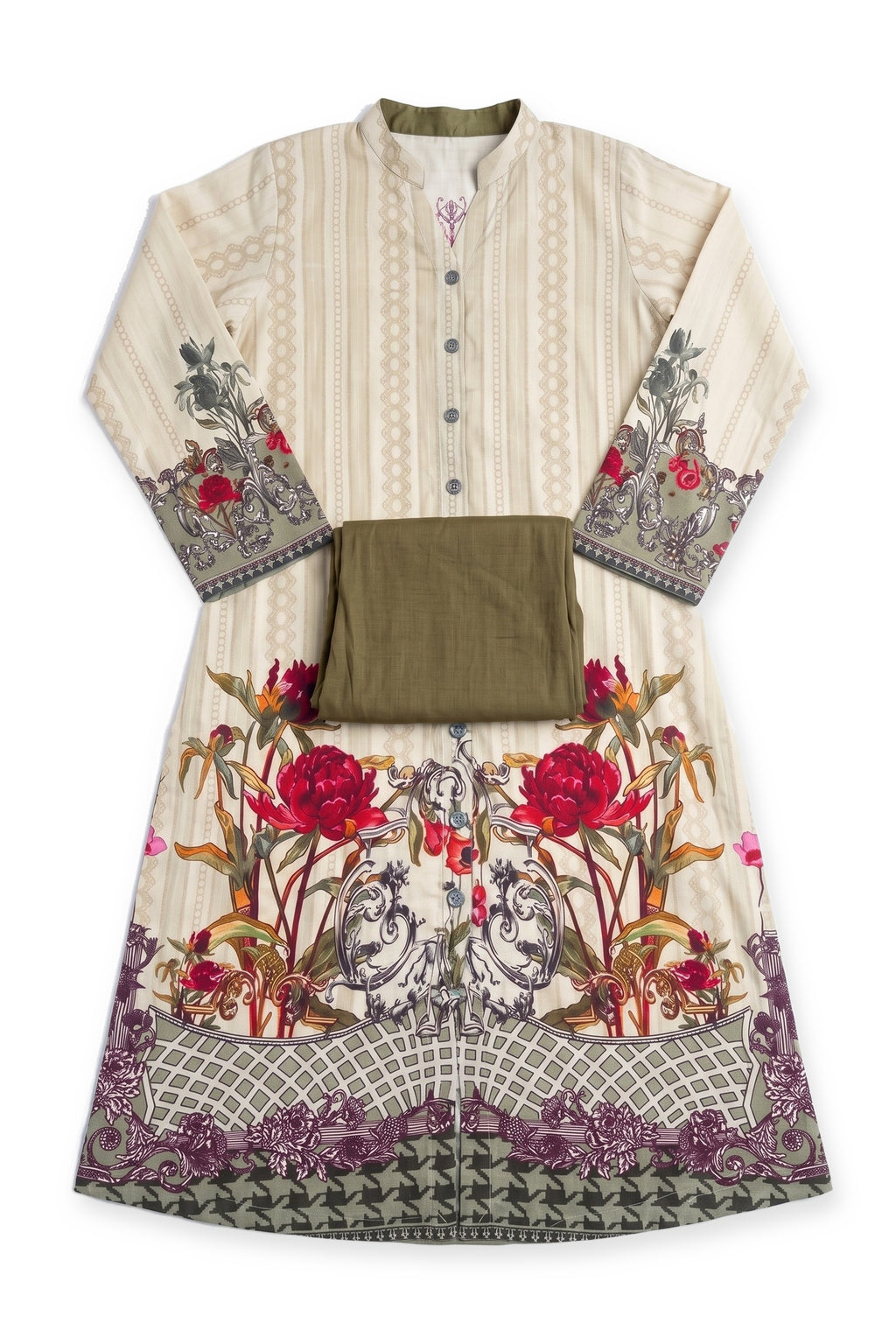 Peony Baroque Suit laid flat on white with its folded olive trousers