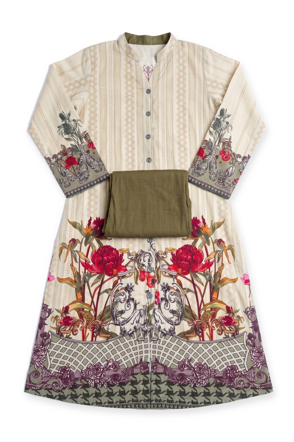 Peony Baroque Suit laid flat on white with its folded olive trousers