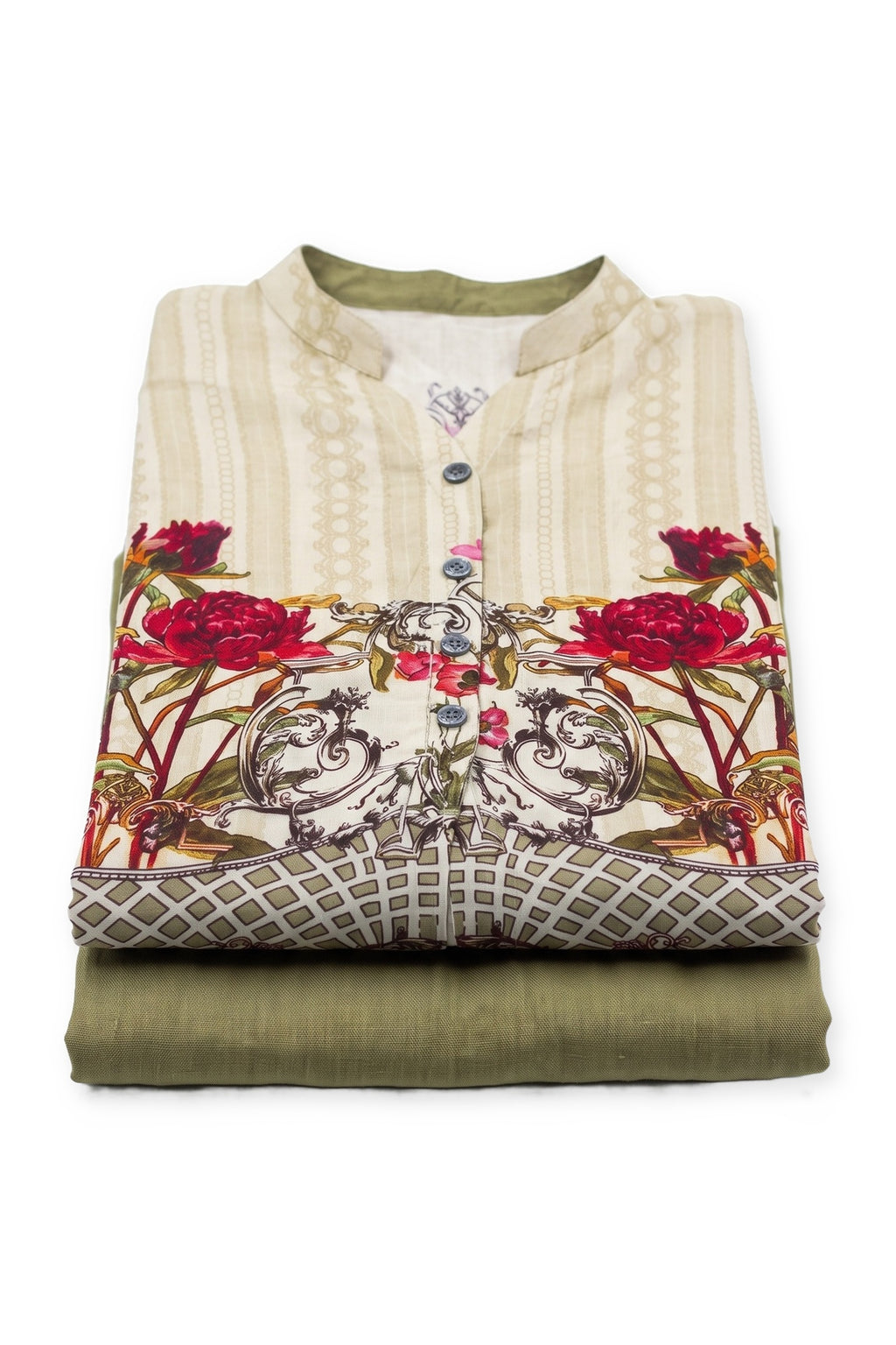 Peony Baroque Suit folded to show the collar, buttons and peony print, with the olive trousers below