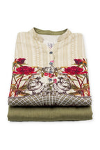 Peony Baroque Suit folded to show the collar, buttons and peony print, with the olive trousers below
