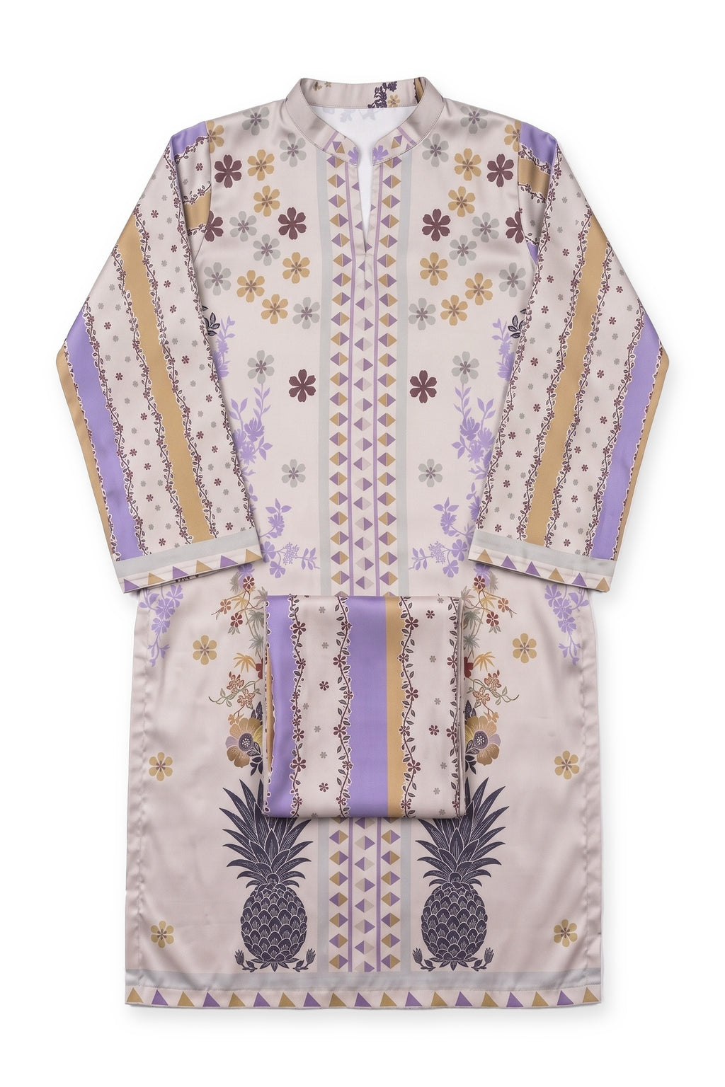 Pineapple Garden Suit laid flat on white with its folded printed trousers