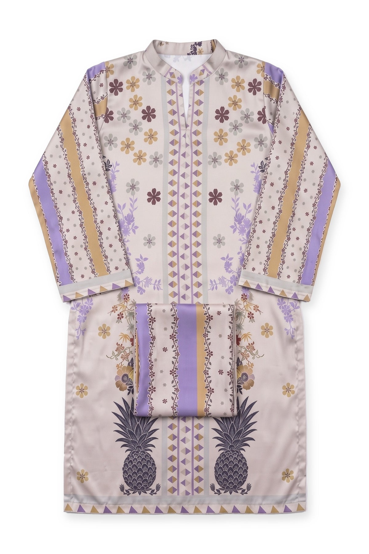 Pineapple Garden Suit laid flat on white with its folded printed trousers