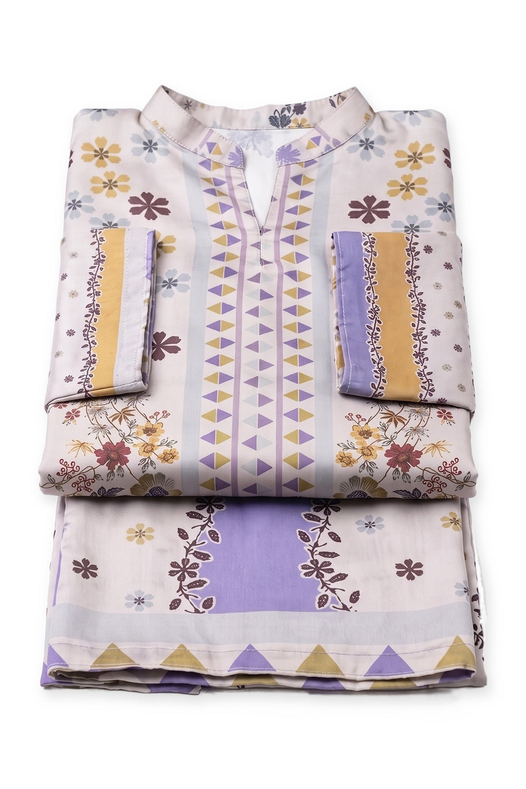Pineapple Garden Suit folded to show the collar and floral print, with the striped trousers below