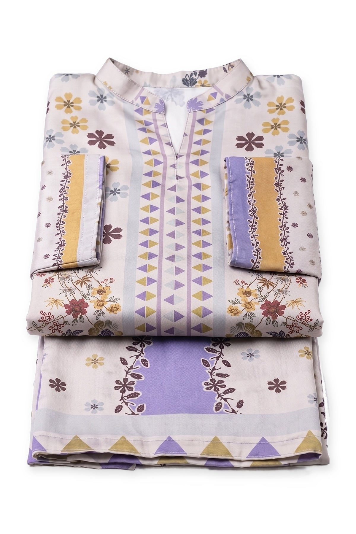 Pineapple Garden Suit folded to show the collar and floral print, with the striped trousers below