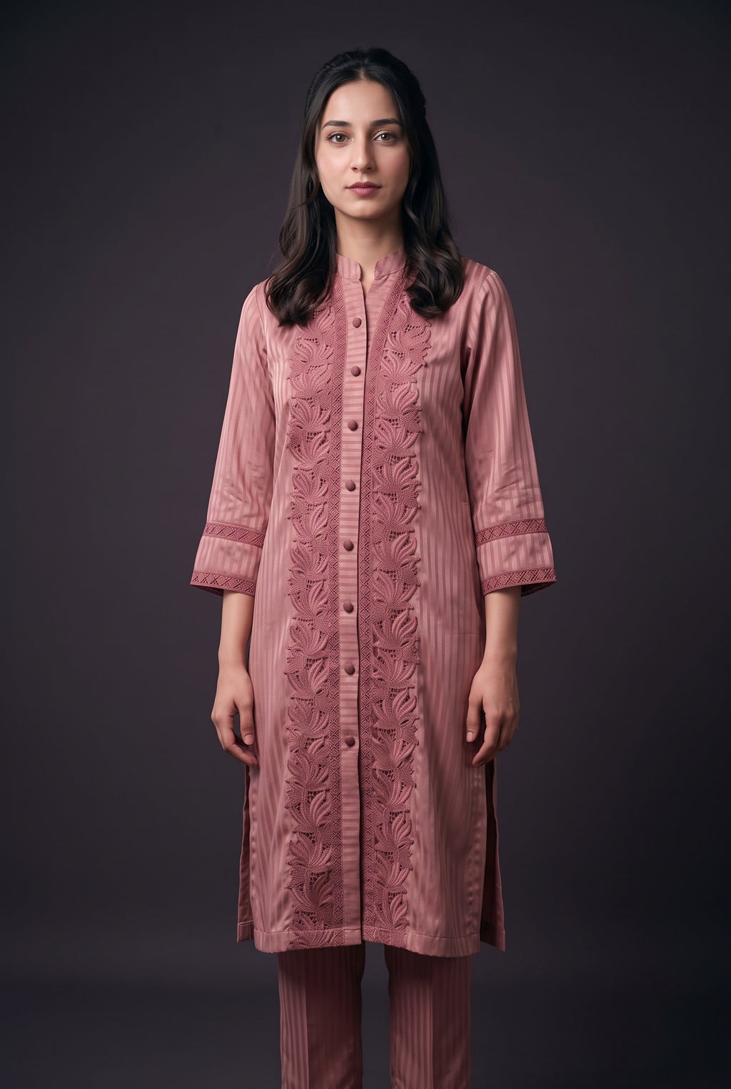 Model wearing the Rose Lotus Lace Suit, showing the lotus lace panels and buttoned placket