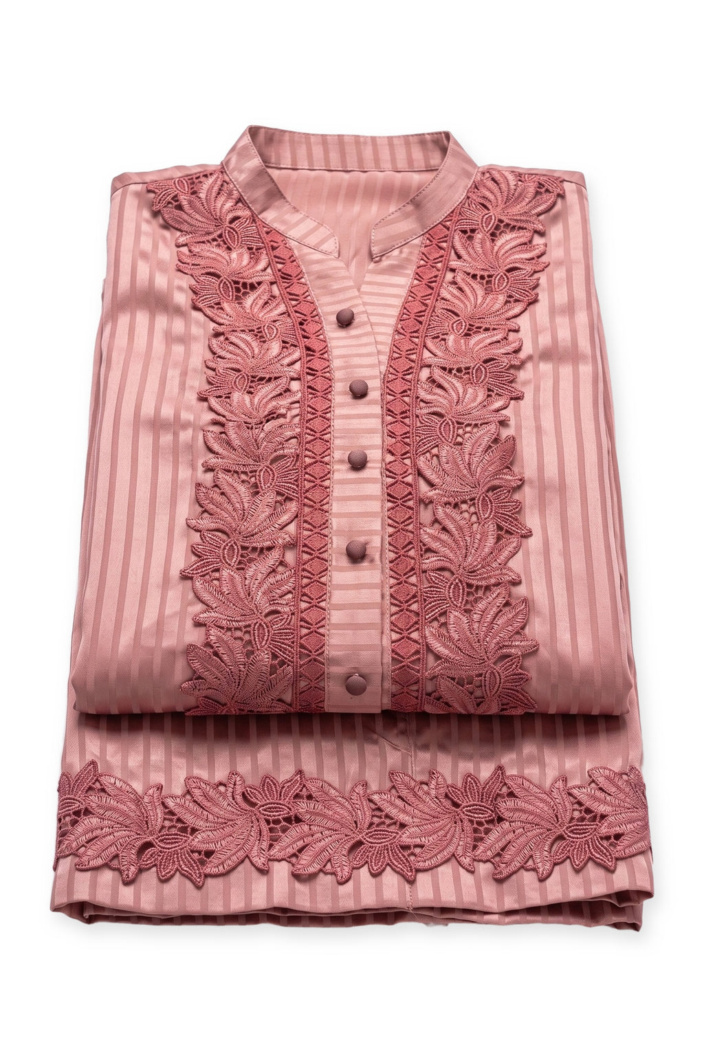 Rose Lotus Lace Suit folded to show the lace panels and covered buttons, with the lace-trimmed trousers