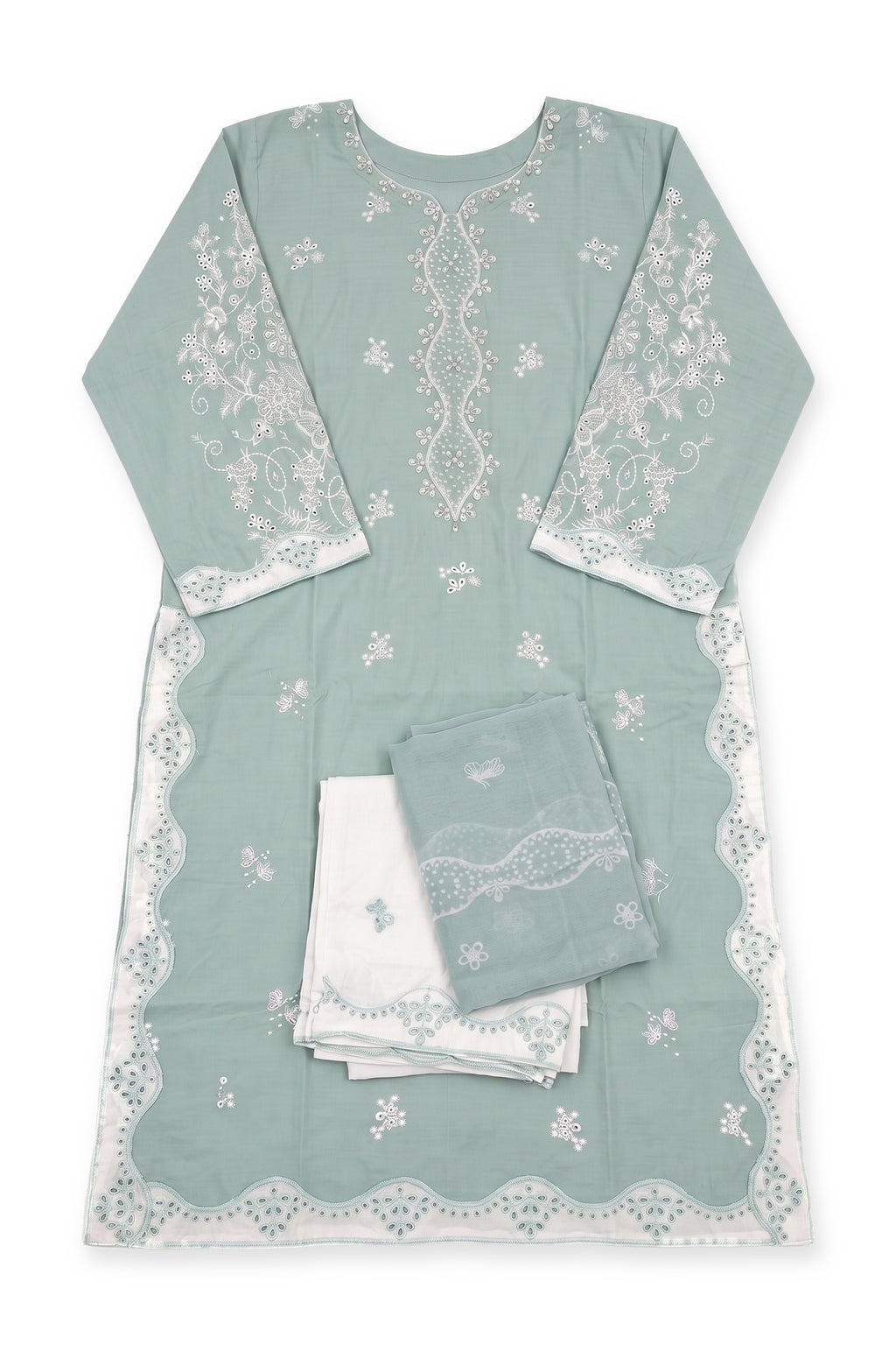 Sage Scallop Eyelet Suit laid flat on white with its folded trousers and dupatta