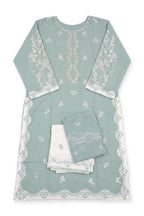 Sage Scallop Eyelet Suit laid flat on white with its folded trousers and dupatta