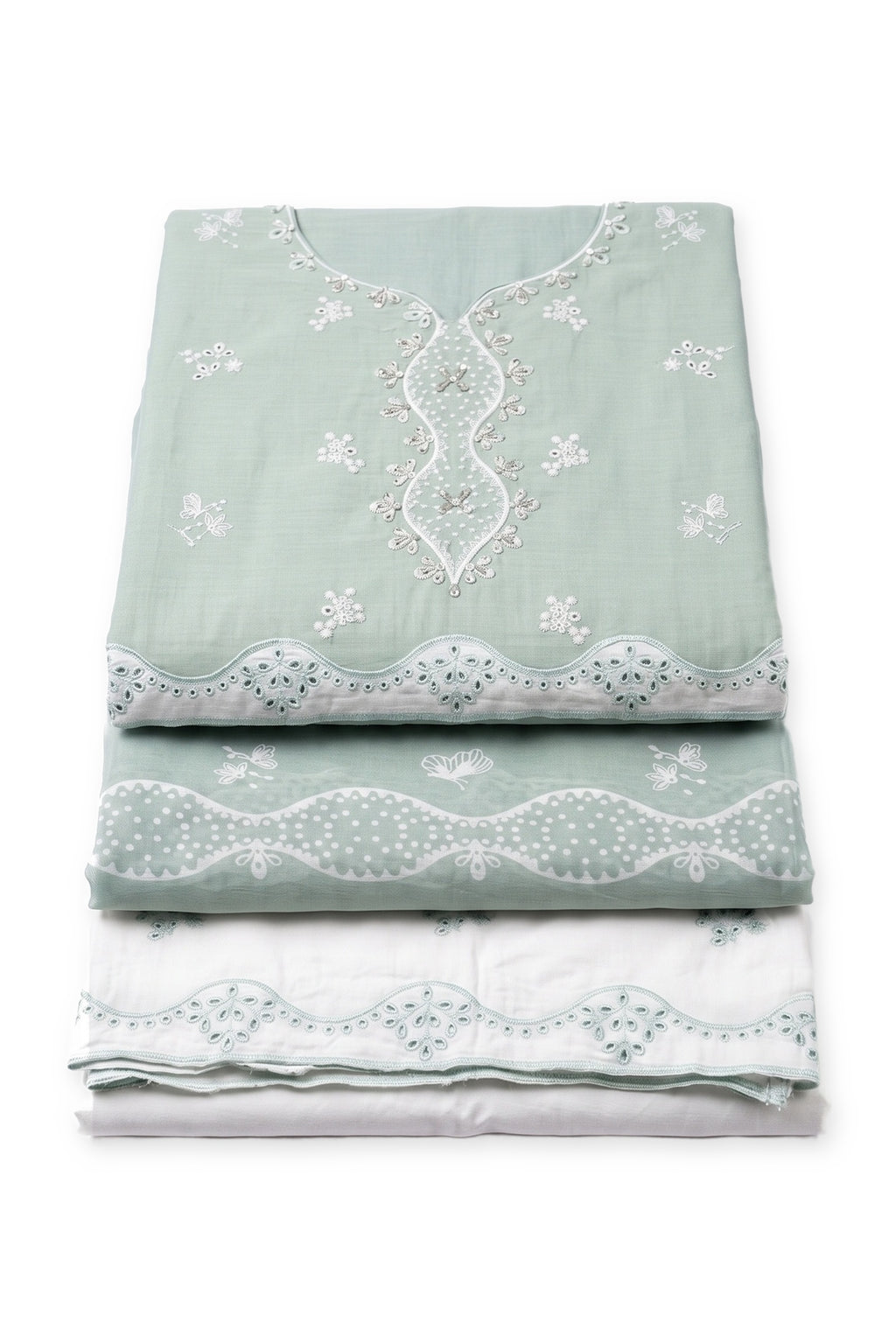 Sage Scallop Eyelet Suit folded to show the neckline panel and scalloped border, with dupatta and trousers