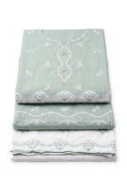 Sage Scallop Eyelet Suit folded to show the neckline panel and scalloped border, with dupatta and trousers