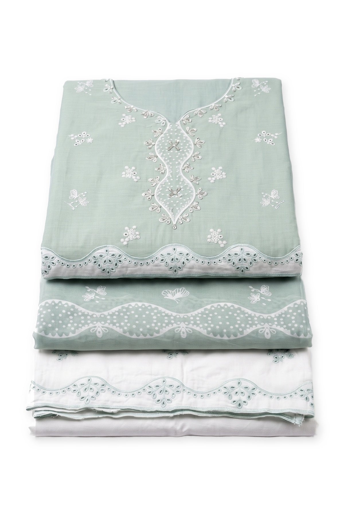 Sage Scallop Eyelet Suit folded to show the neckline panel and scalloped border, with dupatta and trousers