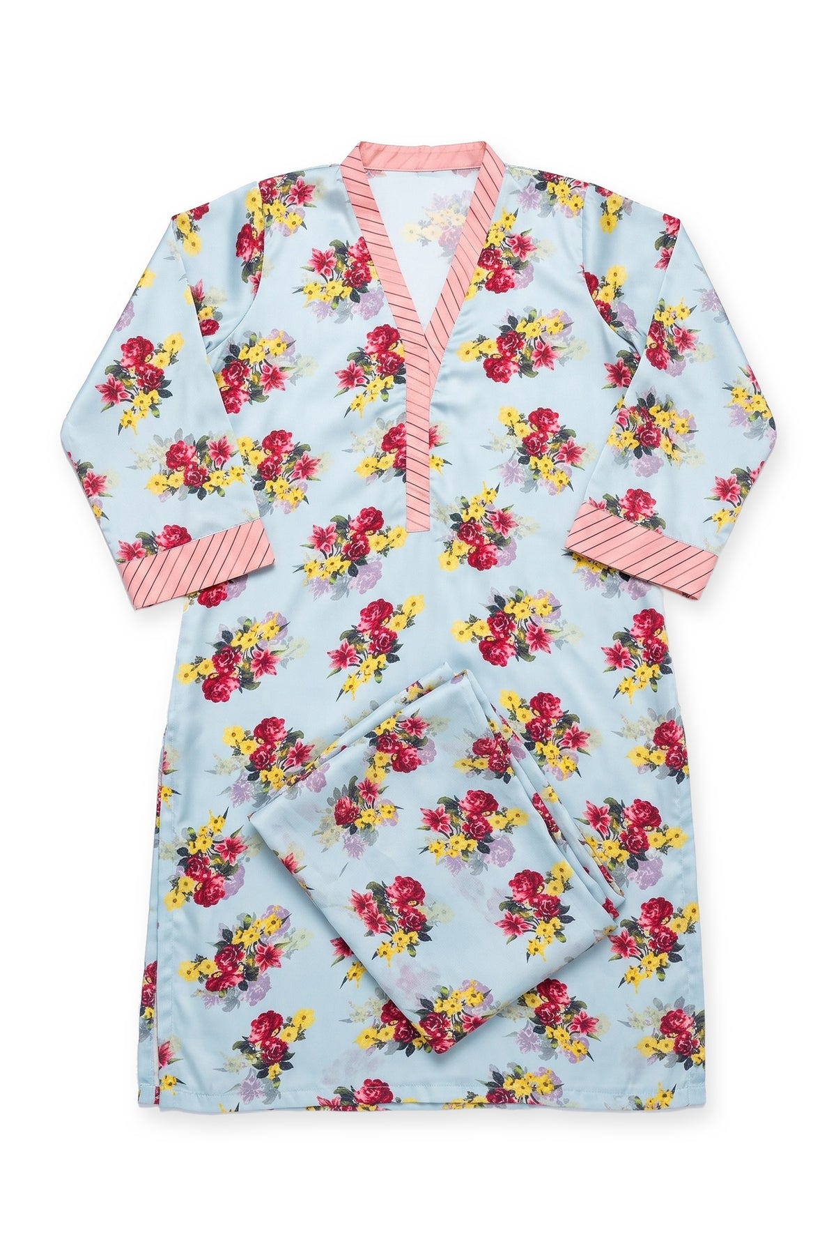 Sky Bouquet Suit laid flat on white with its folded printed trousers