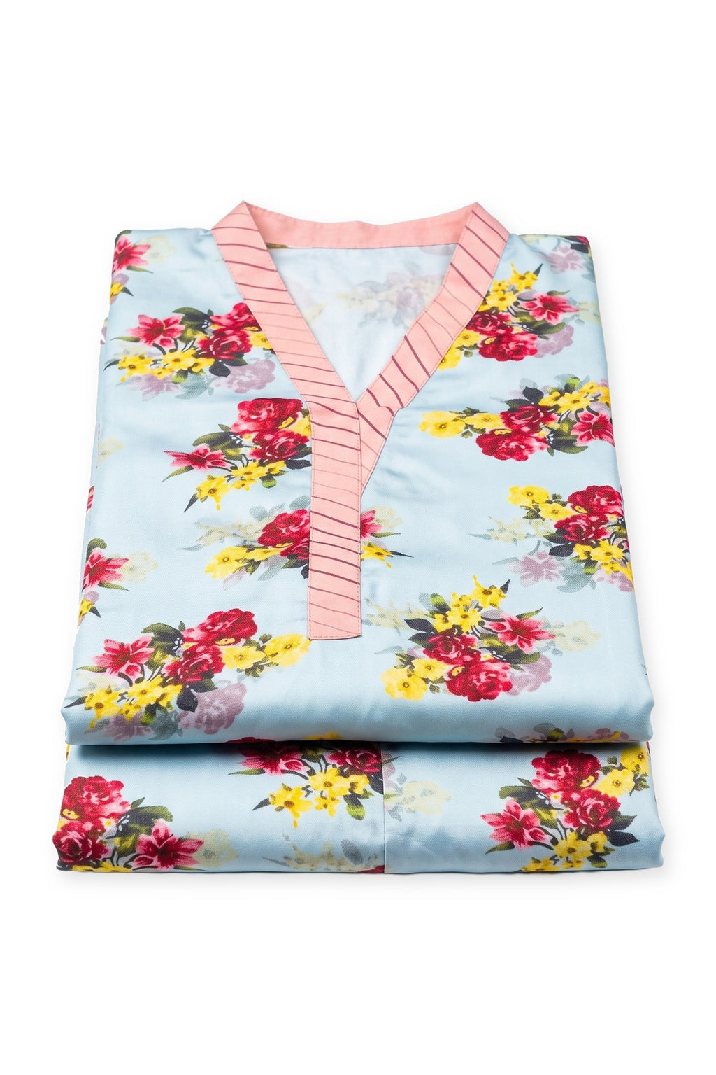 Sky Bouquet Suit folded to show the striped V-neck band and bouquet print
